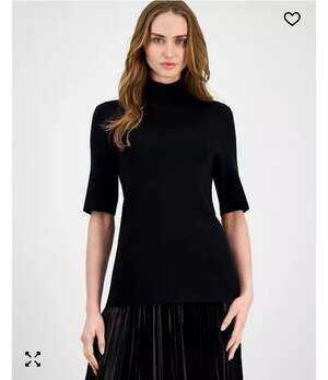Anne Klein Women's Black Half-Sleeve Turtleneck Ribbed Sweater